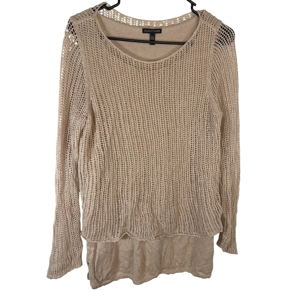 Eileen Fisher Womens Organic Linen Sweater Mesh Open Knit Tan S Beach Office